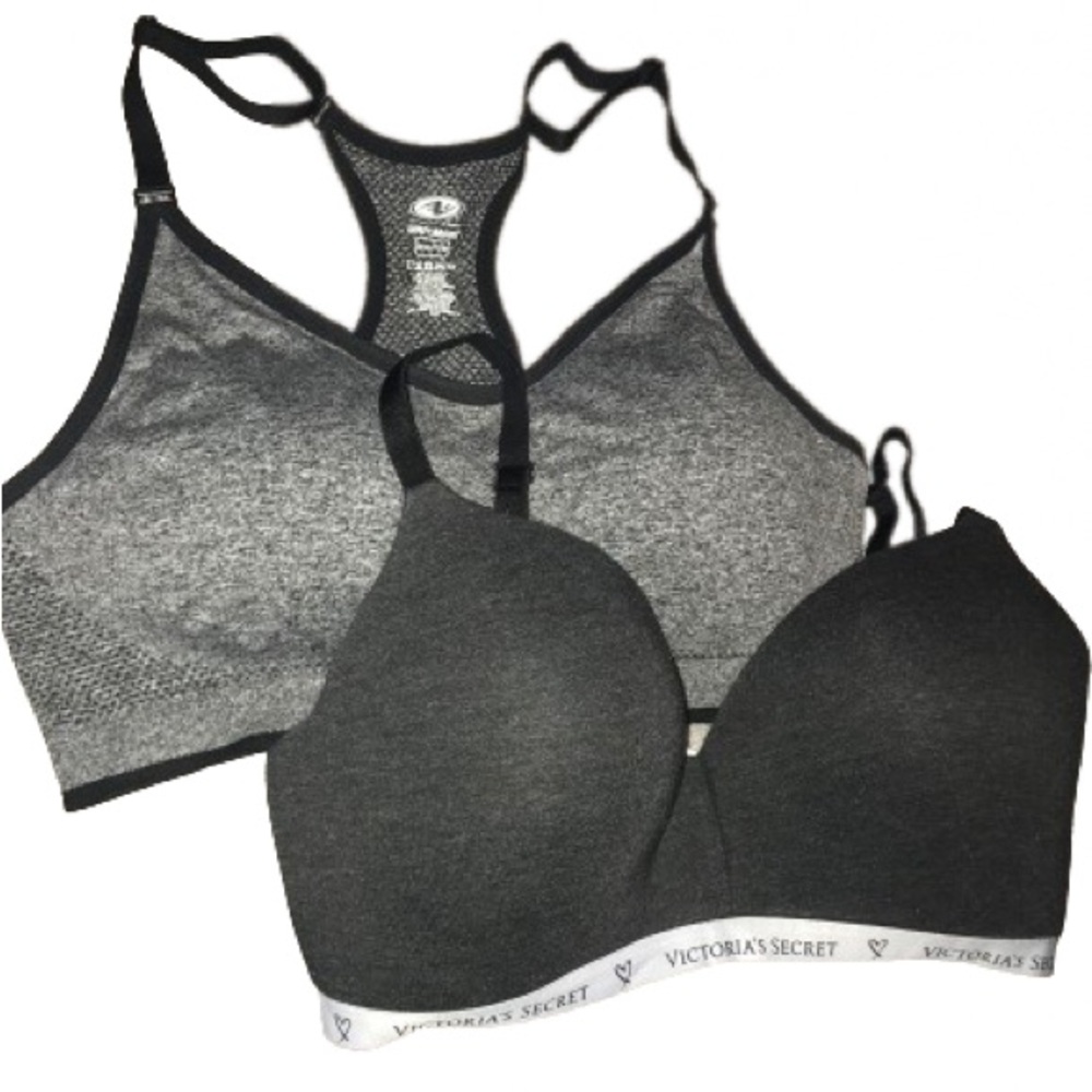 2 Victoria Secret Sport Bra Padded 34DD XXL Set Tec Work Out Like New Grey Black
